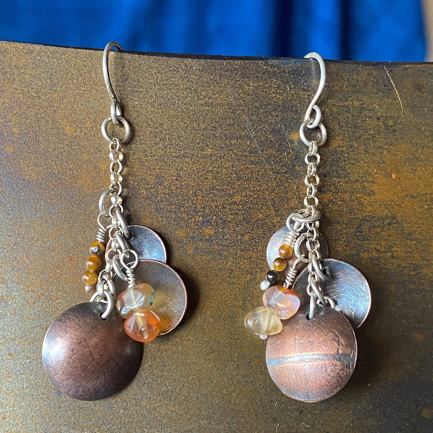 Large Copper Leaf Imprint Earrings with Stone Beads